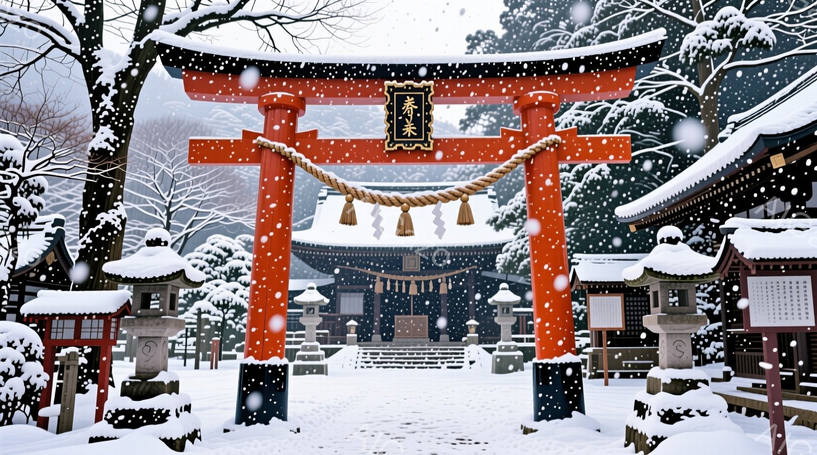 雪景色の中に、鮮やかな朱色の鳥居が聳え立っています。周囲は雪に覆われた木々と、雪化粧した伝統的な寺院建築が広がっており、静寂で厳かな雰囲気を醸し出しています。降り積もる雪は、まるで時間が止まったかのような幻想的な情景を作り出しています。