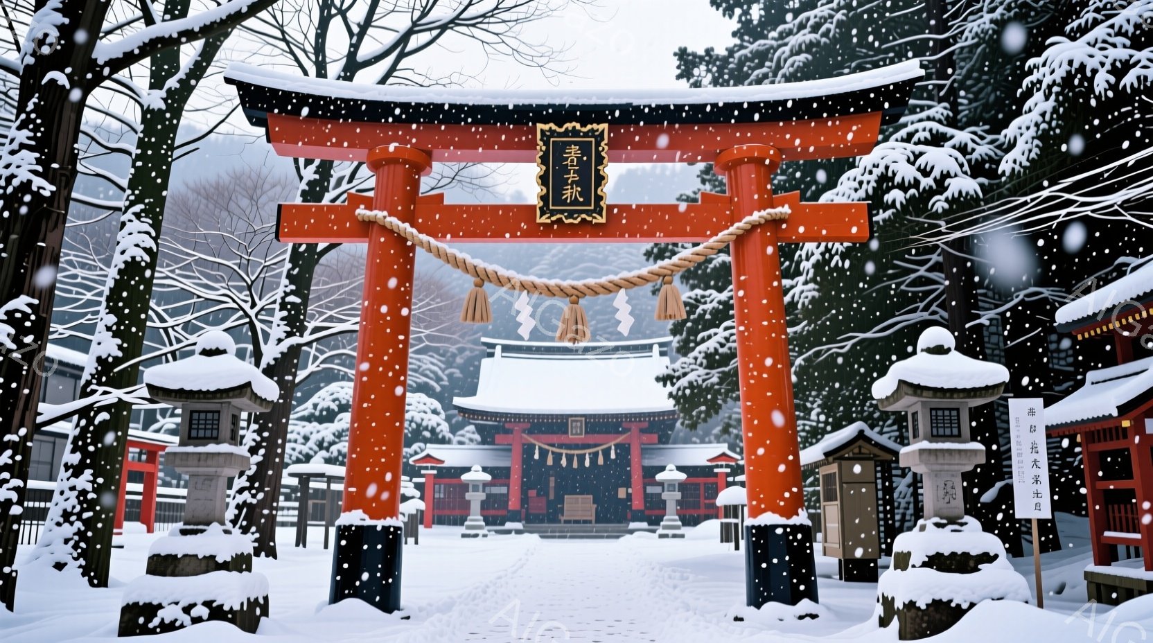 雪深い冬の神社が描かれています。朱色の鳥居が雪景色の中に鮮やかに映え、その奥には伝統的な建築様式の社殿が見えます。地面や屋根には雪が積もり、静寂で厳かな雰囲気が漂っています。 - AI生成フリー素材