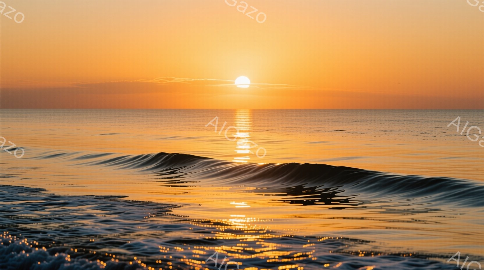 穏やかな波が太陽の光を反射し、黄金色の輝きを海面に広げている。地平線には明るい太陽が昇り、空全体を暖かなオレンジ色で染め上げている。波の微妙な起伏と光の反射が、静寂で穏やかな雰囲気を醸し出している。 - AI生成フリー素材