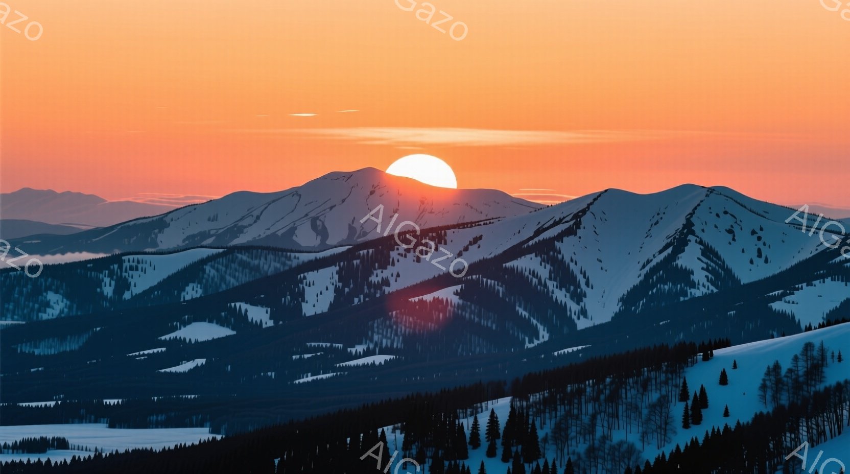 雪をまとった山々が連なり、夕焼けのオレンジとピンクのグラデーションが空を染めている。山肌には影が入り込み、立体感を強調し、雪の白さとコントラストをなしている。全体的に静かで穏やかな雰囲気で、冬の自然の美しさを感じさせる。