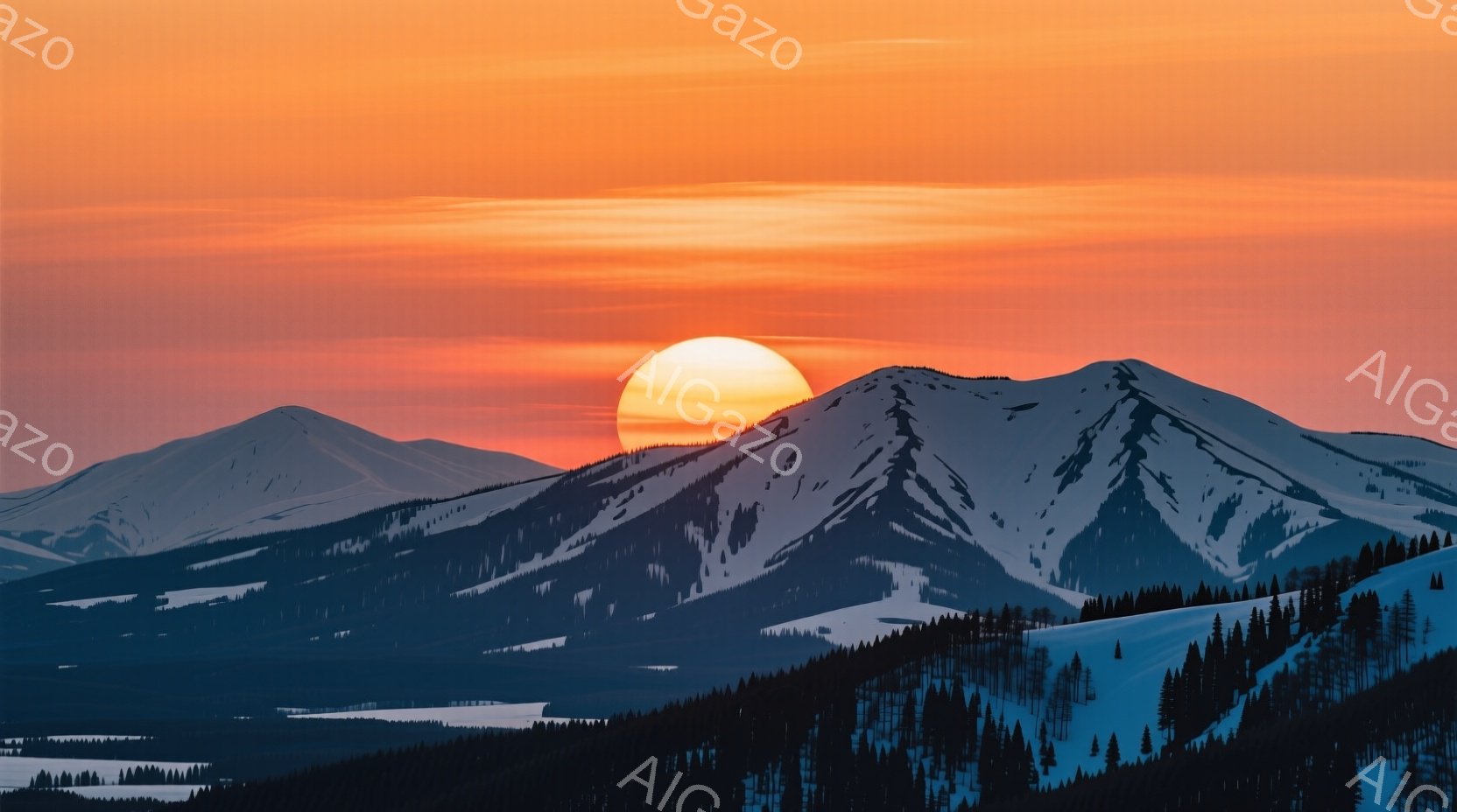 雪をまとった山々が連なり、夕焼けのオレンジ色の空に照らされている。山肌には影が入り、立体感が強調されている。手前の山には針葉樹林が広がり、冬の静寂と厳しさを感じさせる。