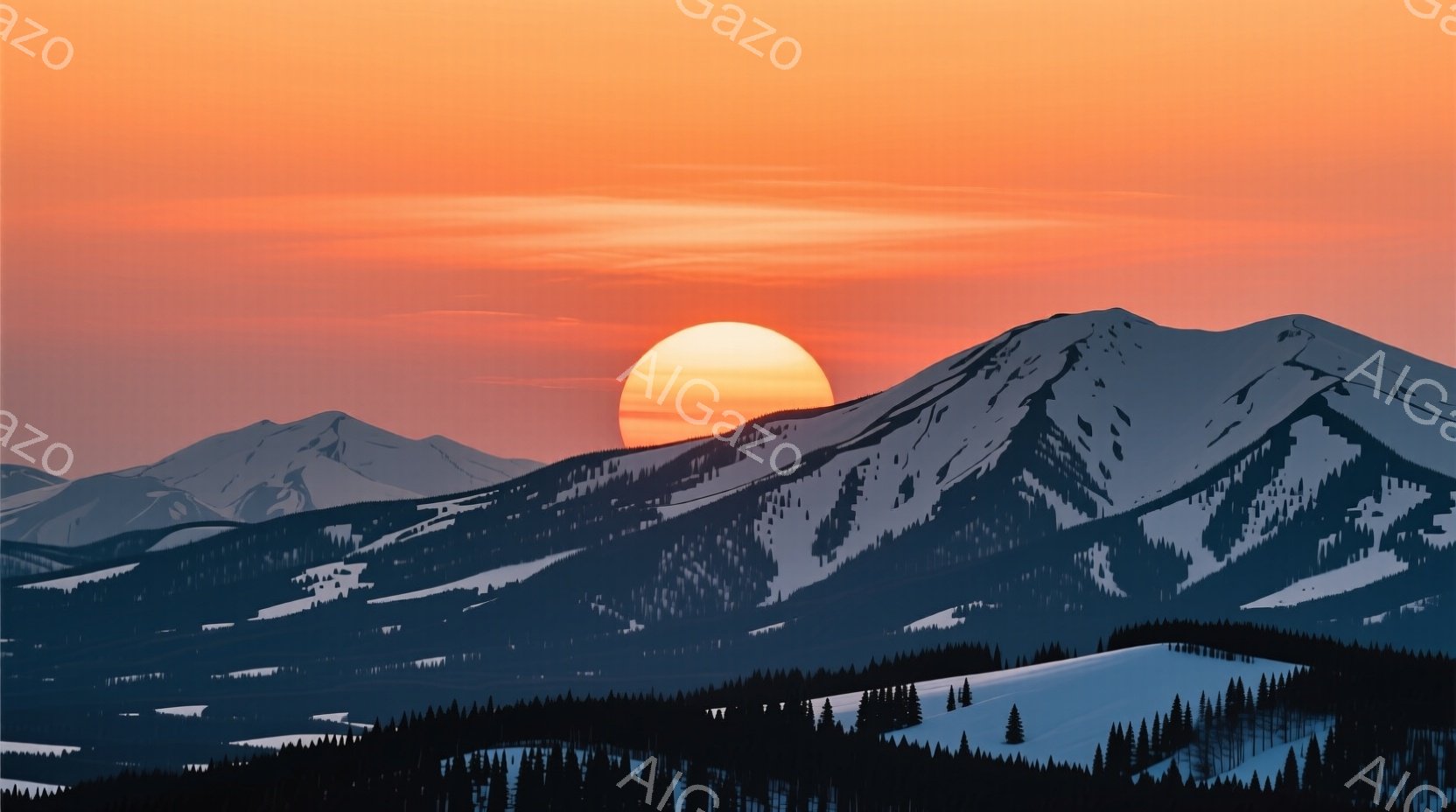 雪を頂いた山々が連なり、夕焼け空の下、オレンジ色の太陽が山頂の陰から顔を覗かせています。山の斜面には針葉樹林が点在し、雪に覆われた風景が広がっています。全体的に穏やかで静寂な、冬の自然の美しさを感じさせる光景です。