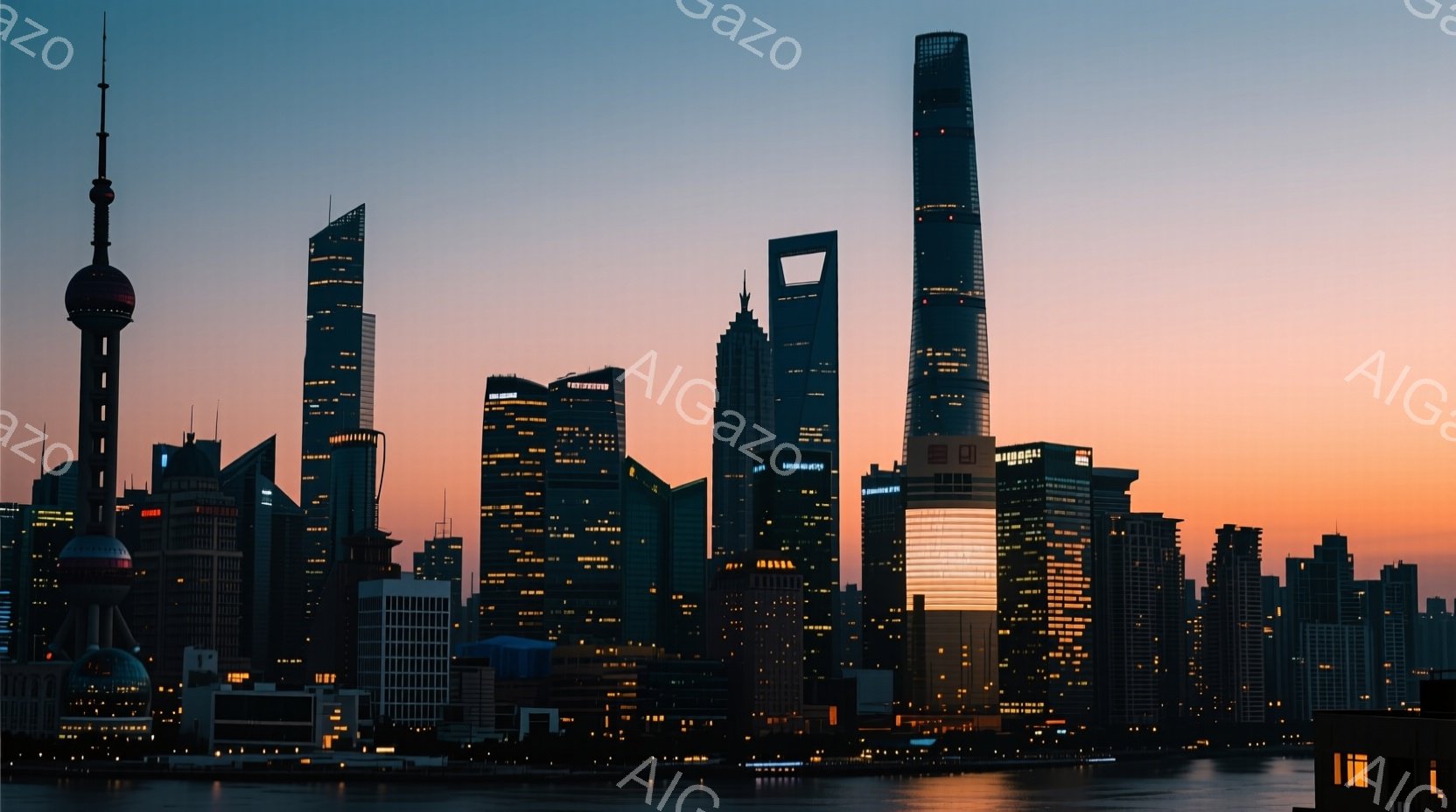 上海の夜景が広がっており、高層ビル群がライトアップされている様子が印象的だ。オレンジと紫が混ざり合った夕焼け空が、近代的な建造物とのコントラストを生み出し、幻想的な雰囲気を醸し出している。水面に反射する光が、都市の活気と美しさをさらに強調している。