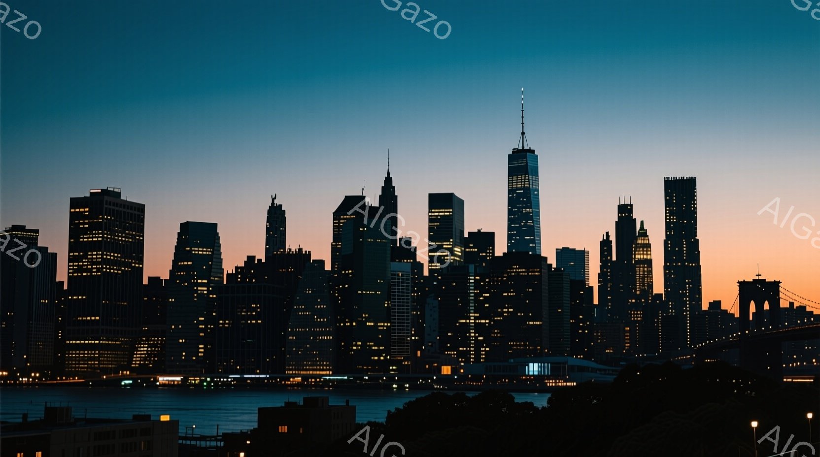 ニューヨークの夜景が広がり、高層ビル群がオレンジと青のグラデーションに染まる空を背景にシルエットとして浮かび上がっている。窓の灯りが点々と輝き、活気と静寂が入り混じった雰囲気を醸し出している。手前に見えるのはブルックリン橋の一部で、夜空に溶け込むように暗く映っている。