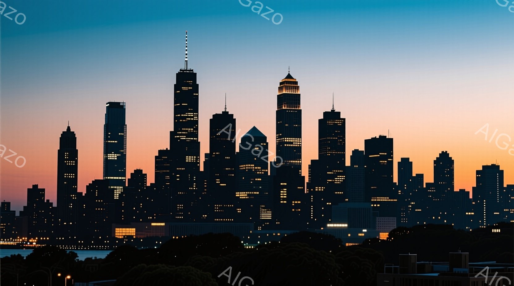 高層ビル群がシルエットとなり、夕焼け空を背景に並んでいる。窓明かりが点々と輝き、夜の都市の活気を表している。手前に広がるのは暗い緑の木々のシルエットで、都市と自然のコントラストが際立っている。 - AI生成フリー素材