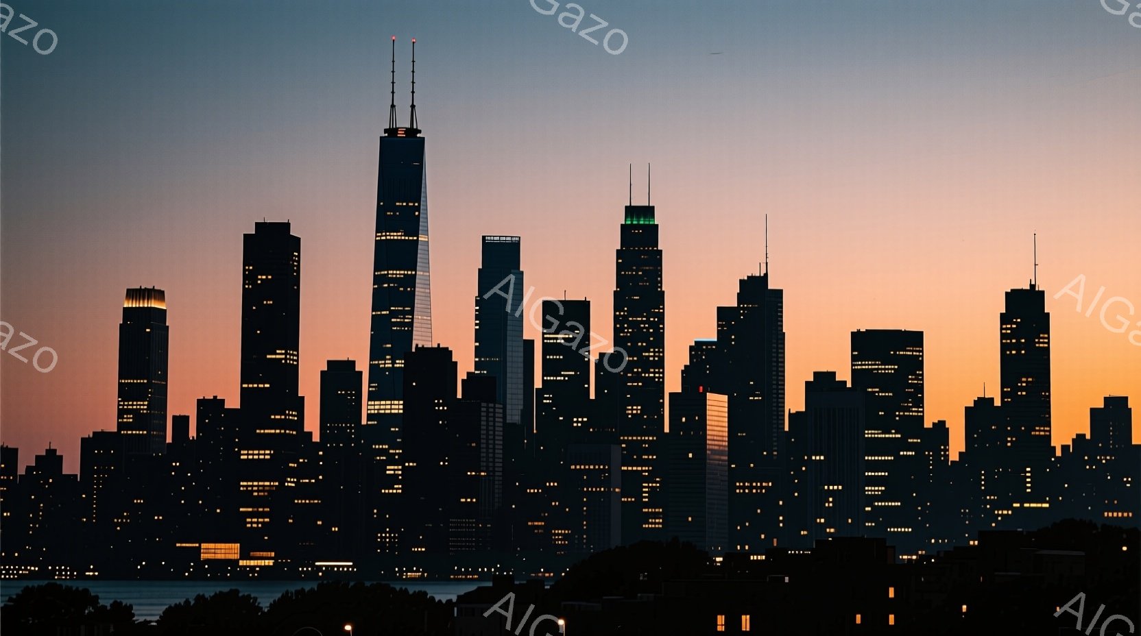 夕焼けを背景に、高層ビル群がシルエットで浮かび上がっています。ビルの窓に灯りが灯り、夜の都市の活気を感じさせます。空はオレンジと紫のグラデーションで、落ち着いた雰囲気の中に都市のエネルギーが共存しています。