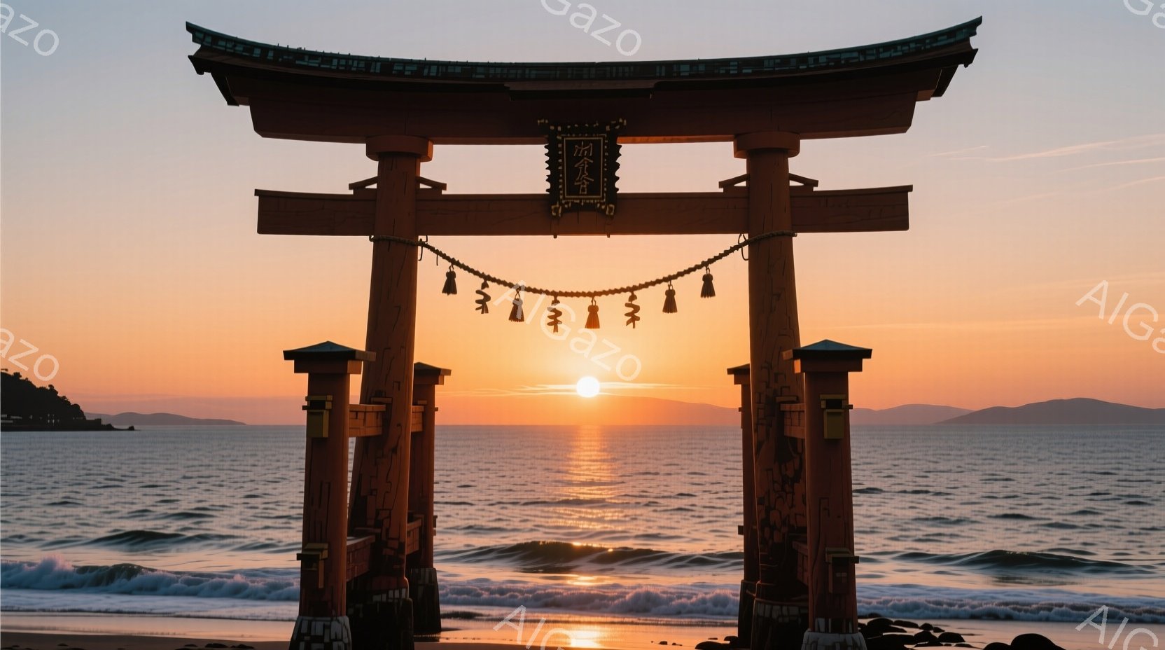 朱色の鳥居が海岸にそびえ立ち、夕焼けの光が海面を照らしている。鳥居の奥には沈みゆく太陽があり、空はオレンジ色と赤色のグラデーションで彩られている。波が穏やかに打ち寄せ、静かで神聖な雰囲気を醸し出してい - AI生成フリー素材