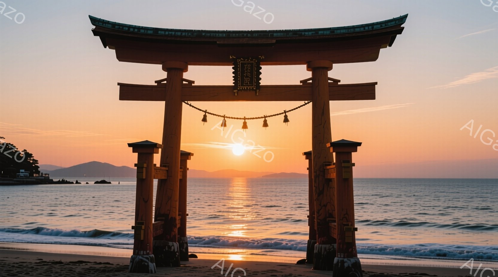 日没の海浜で、赤い日没が近づく中で、木造の日本伝統建築「鳥居」が見える。その前には人が座っており、白い浪が波打ち、夕陽が映るような水面が広がる。全体として平静で美しい景色を感じる。