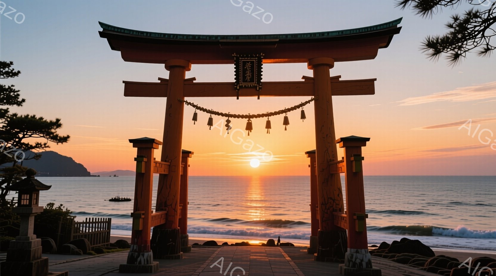 海岸に立つ朱色の鳥居が印象的な写真です。夕焼けが鳥居の隙間から差し込み、海面をオレンジ色に染めています。遠くには穏やかな波が打ち寄せ、静かで神聖な雰囲気を醸し出しています。 - AI生成フリー素材