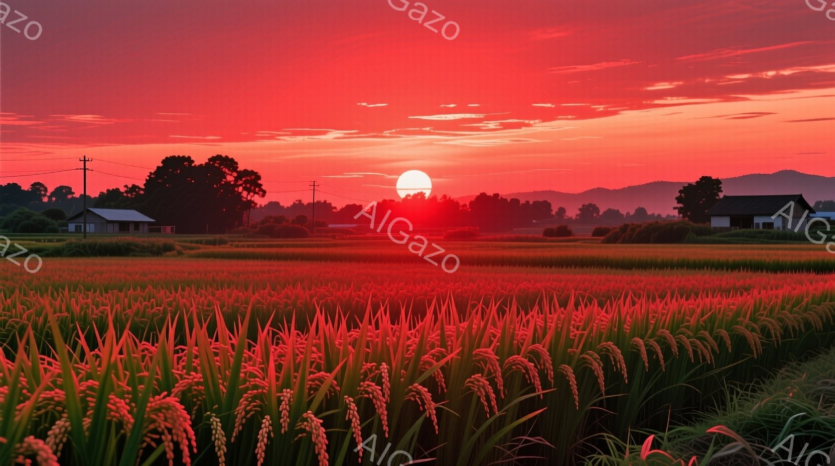 広大な稲田が夕焼けに染まり、黄金色に輝いている。遠くには屋根付きの建物と木々が見え、空は燃えるような赤色で、沈みゆく太陽がシルエットで浮かび上がっている。全体的に、穏やかで、日本の田舎の静寂な夕暮れを - AI生成フリー素材