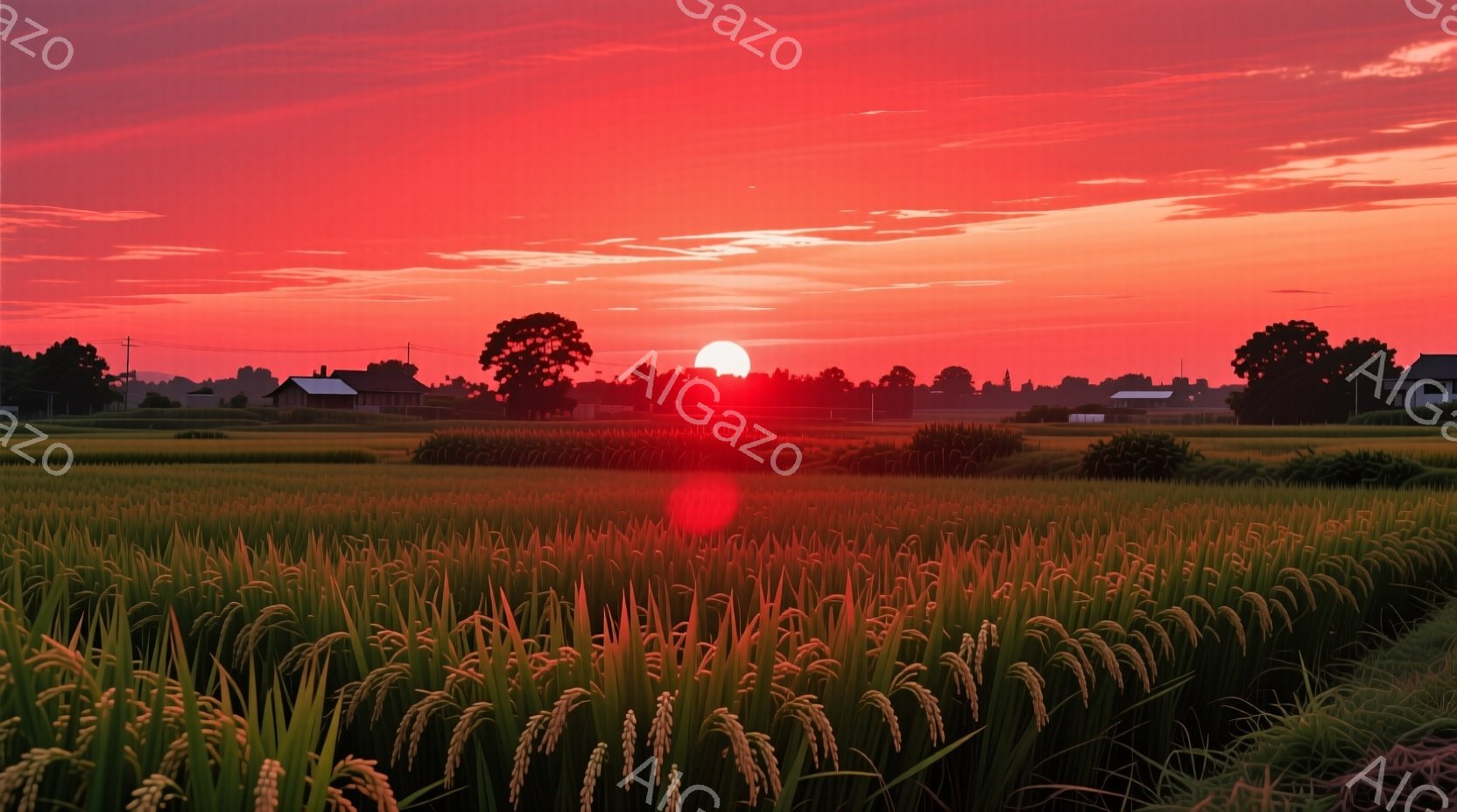 広大な稲田が夕焼けに照らされ、黄金色に輝いている。空は深紅色に染まり、遠くには家々と木々がシルエットとなって浮かび上がっている。全体的に、穏やかで安らぎのある、日本の田園風景の雰囲気が漂っている。