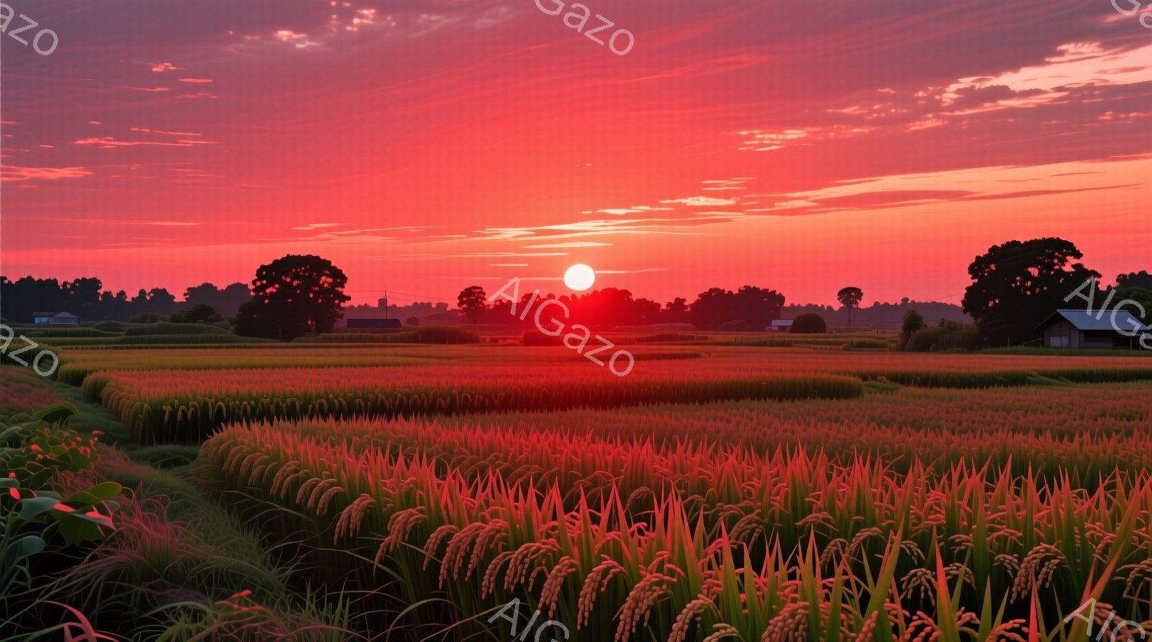 広大な稲田が夕焼けに照らされ、黄金色に輝いている。遠くには木々や建物が見え、空は鮮やかな赤色とオレンジ色のグラデーションで染められている。穏やかで牧歌的な雰囲気が漂い、静寂と安らぎを感じさせる光景だ。 - AI生成フリー素材