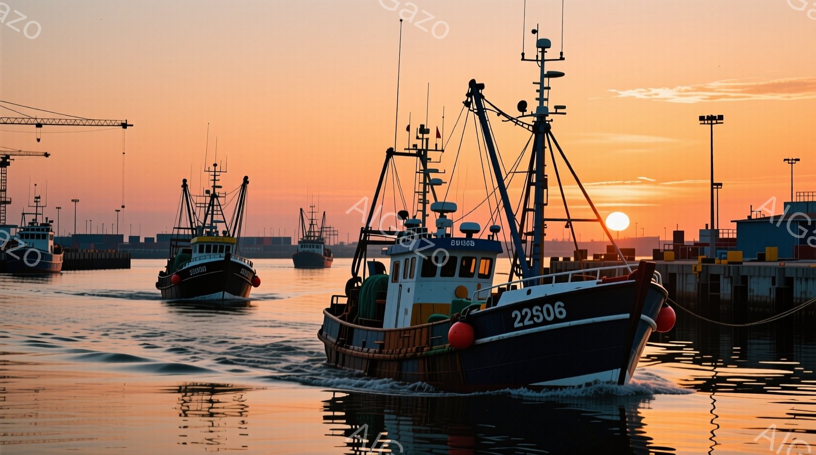 日没時に水面上を行動する漁船の風景です。乾冷な空気、平穏な波があり、太陽がまだ海の縁に位置しています。それぞれの船は特定の区画を持ち、船体の上部には電線やアンテナが装備されています。漁船からは釣り網のハリファクスで巻き取った漁物を引き上げる作業が行われています。天候は暖かく、空気には日没後の幽玄な雰囲気が漂っています。