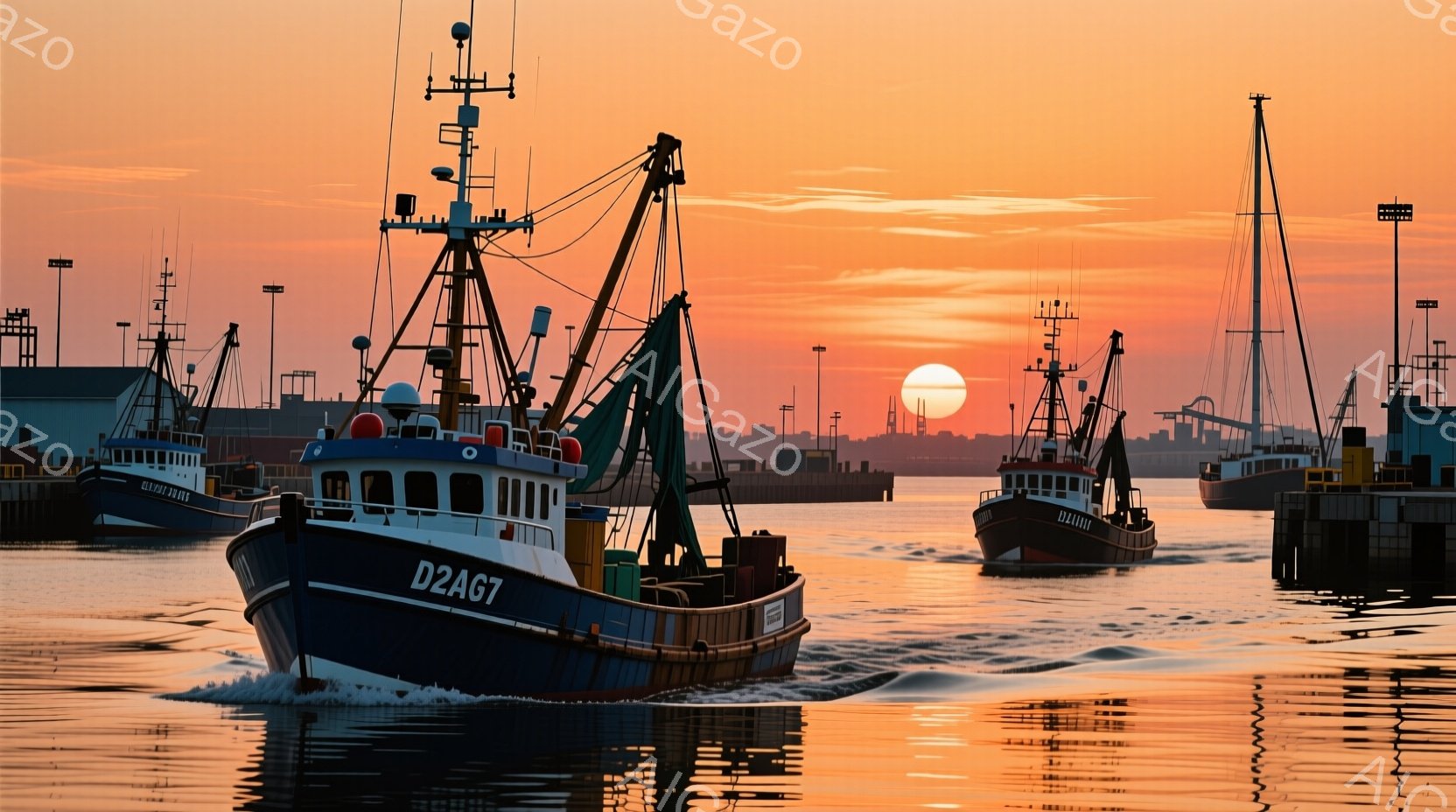 鮮やかなオレンジ色の夕焼けを背景に、複数の漁船が水面を航行している。船体は濃い青色で、それぞれの船首には独特の形状が見られる。背景には港湾施設や建物のシルエットがぼんやりと見え、穏やかな水面に夕日が反射してキラキラと輝いている。