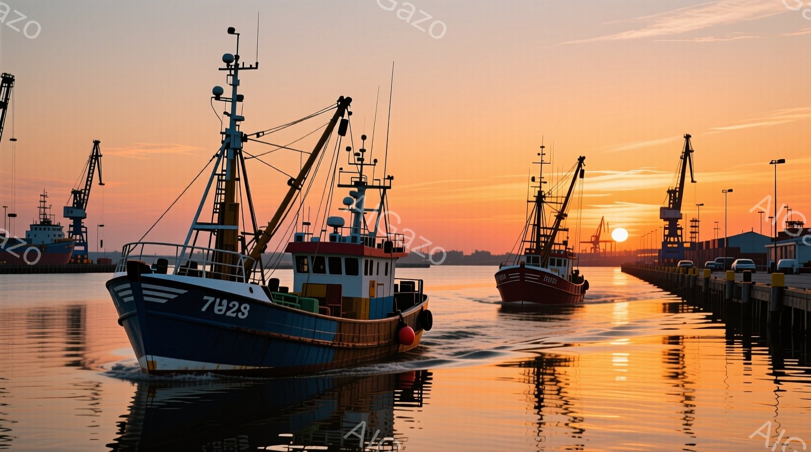 日没時の港で、複数の漁船が水面上を行き来する。太陽が西の方向から下がり、色やんらとした空が照らしている。船は、主にロングラインフィッシング船で、彩色の横長な帆を持つものが多く見られる。漁業者は、簡素な服装に身を包んでいる。空気は静かで、港の建物や自然景致は視界の外。