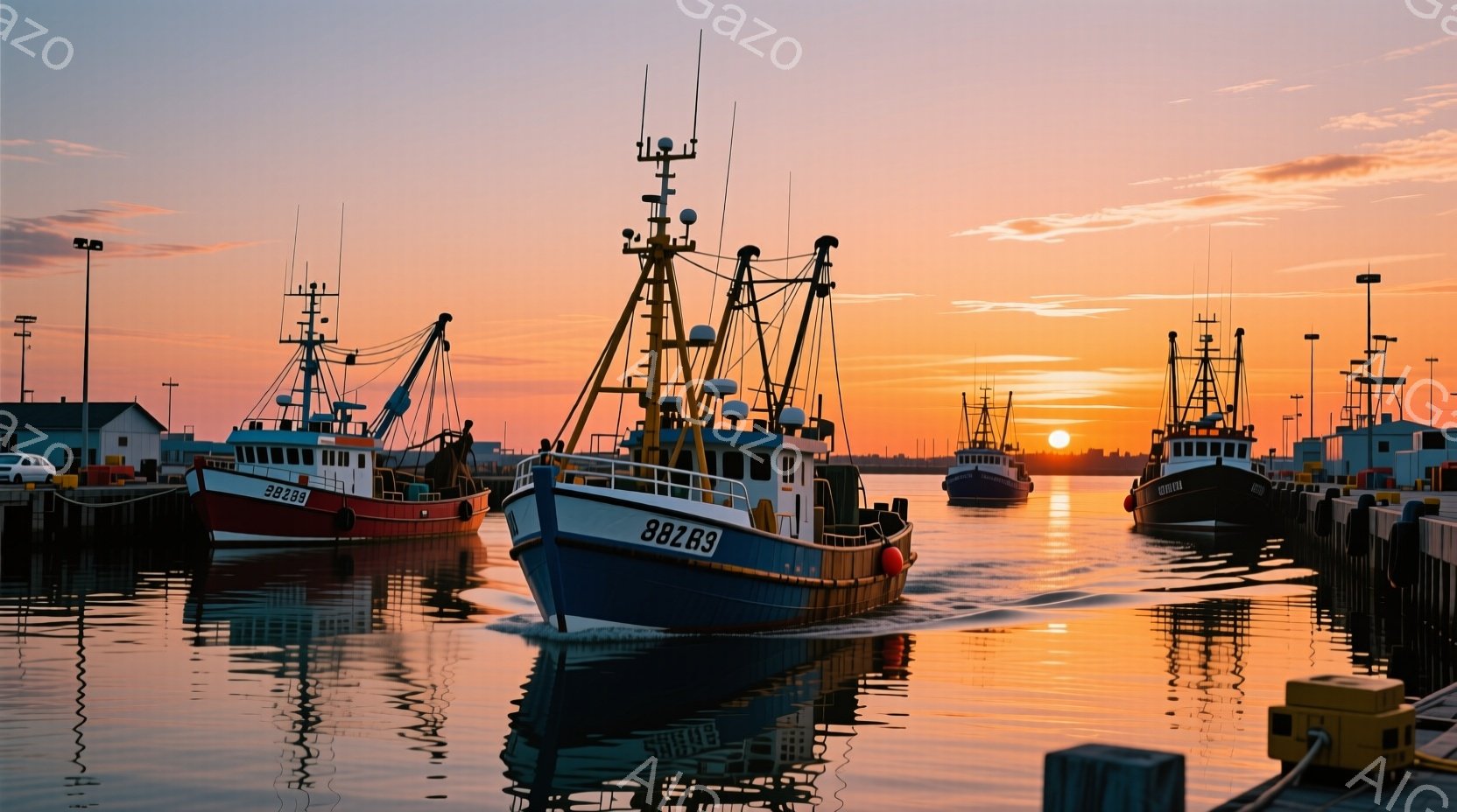夕焼け空の下、港に停泊している漁船が並んでいる。水面に映る船影が美しい光景を作り出しており、漁船はそれぞれ鮮やかな色で彩られている。背景には、倉庫や建物が見え、穏やかな水面と暖色の空が港全体の平和な雰囲気を強調している。