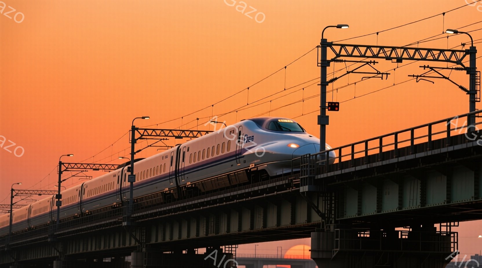 日没時の地下鉄が通りを走っているときの景色です。高速列車が橋上を渡り、周囲の空は漆黒になっています。夜の静かさと細かな霧が空を取り巻くようです。駅や人物は見えません。