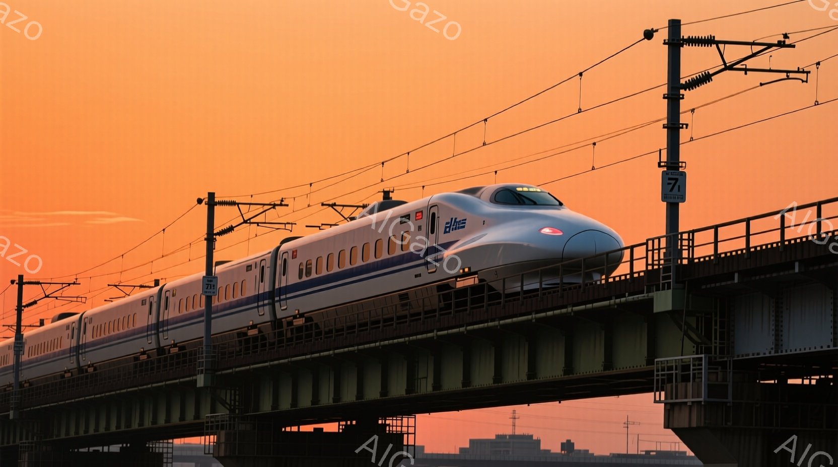 新幹線がオレンジ色の夕焼け空の下、高架橋を高速で走っている様子が捉えられています。車両は白を基調としたデザインで、青いラインがアクセントになっています。遠景には都市の建物がぼんやりと見え、全体的に力強く、スピード感のある印象を与えます。