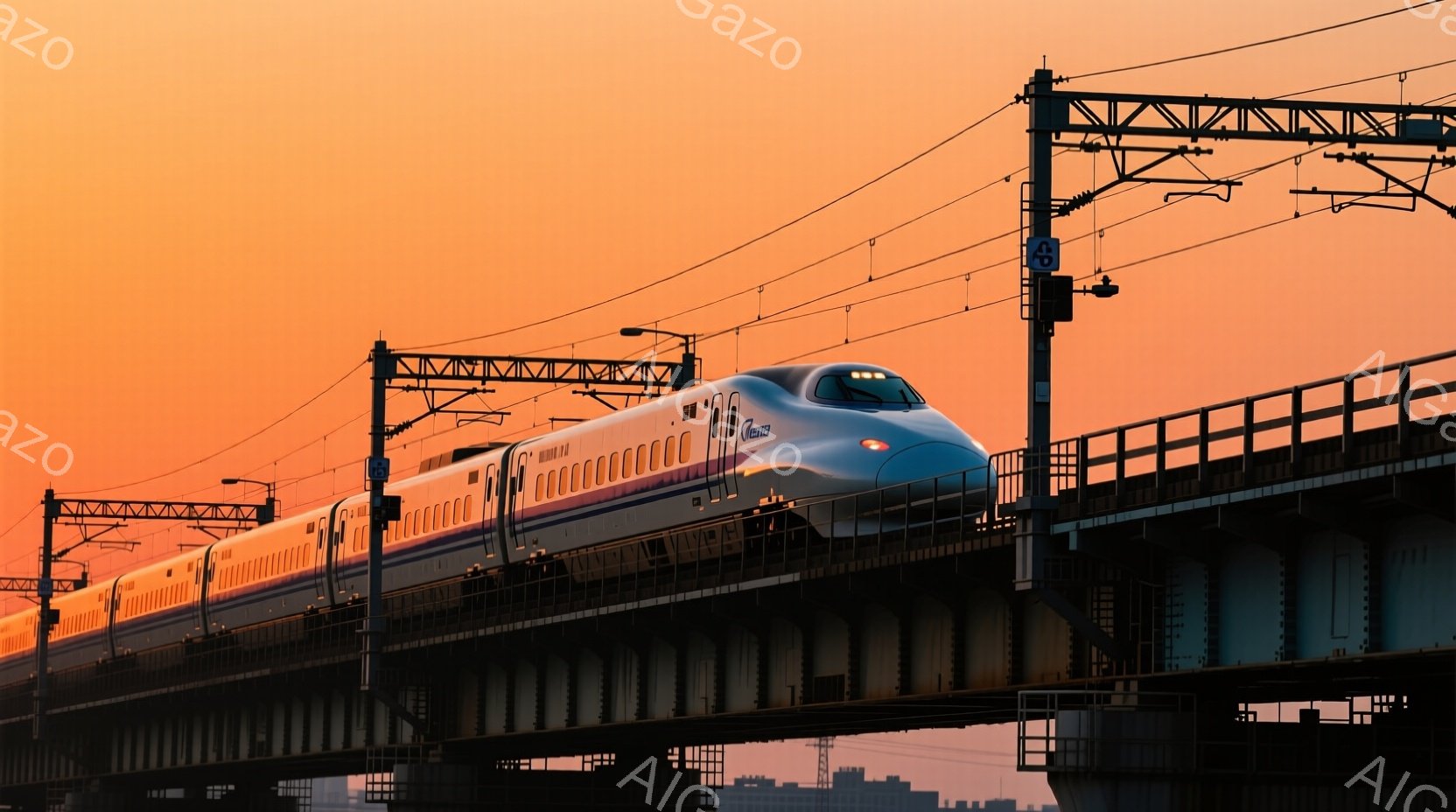 高速列車が橋を渡るシーン。スピード感あり、日没のオレンジグラディエント時間帯。運行士は規則正しく着席、乗客は座っている。周囲には暮れた町と空の線があります。