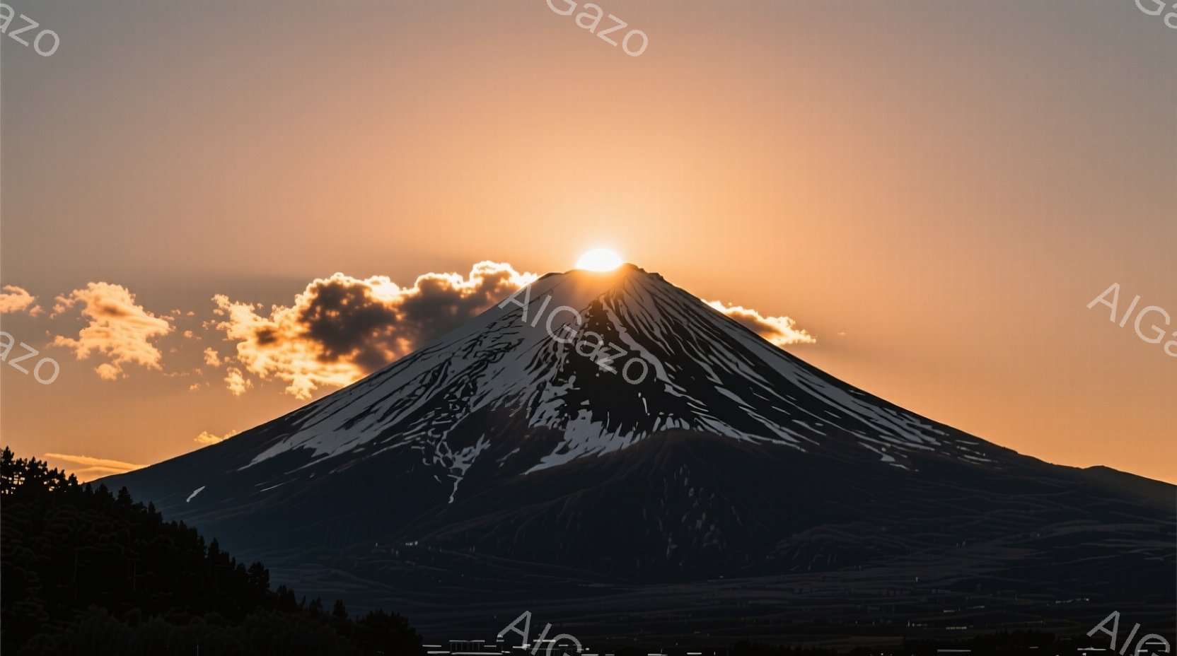 雄大な富士山が夕焼けに照らされ、山頂付近には雲が漂っている。山肌は影と光で構成され、雪が残る山頂は神聖な雰囲気を醸し出している。手前に広がる緑は、富士山の壮大さを引き立て、全体的に静寂で荘厳な雰囲気を漂わせている。