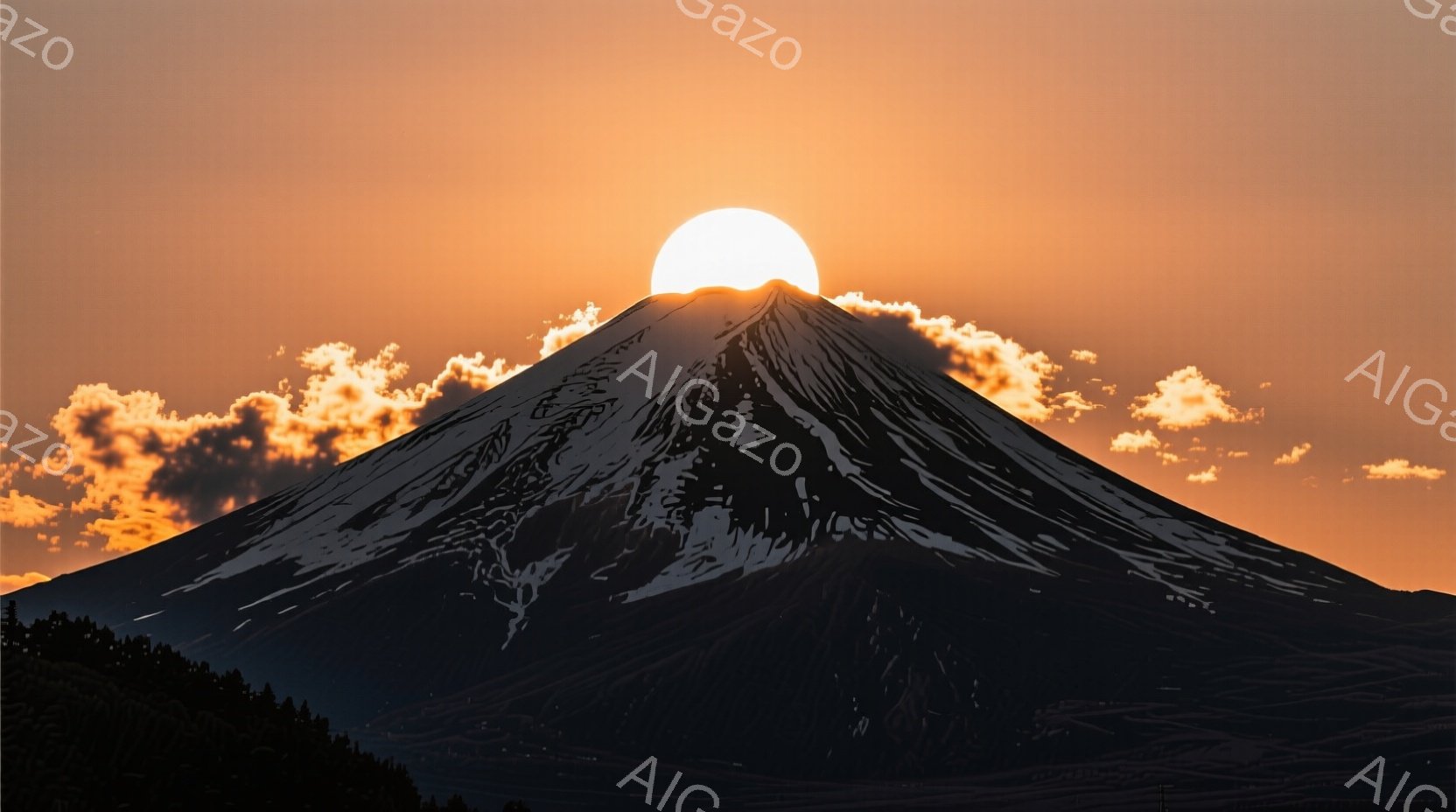 富士山が夕焼けに照らされ、その頂上には満月が位置しています。山肌は雪と影で覆われ、麓には暗い緑の森林が広がっています。空はオレンジ色と薄紫色のグラデーションで、穏やかで神秘的な雰囲気を醸し出しています - AI生成フリー素材