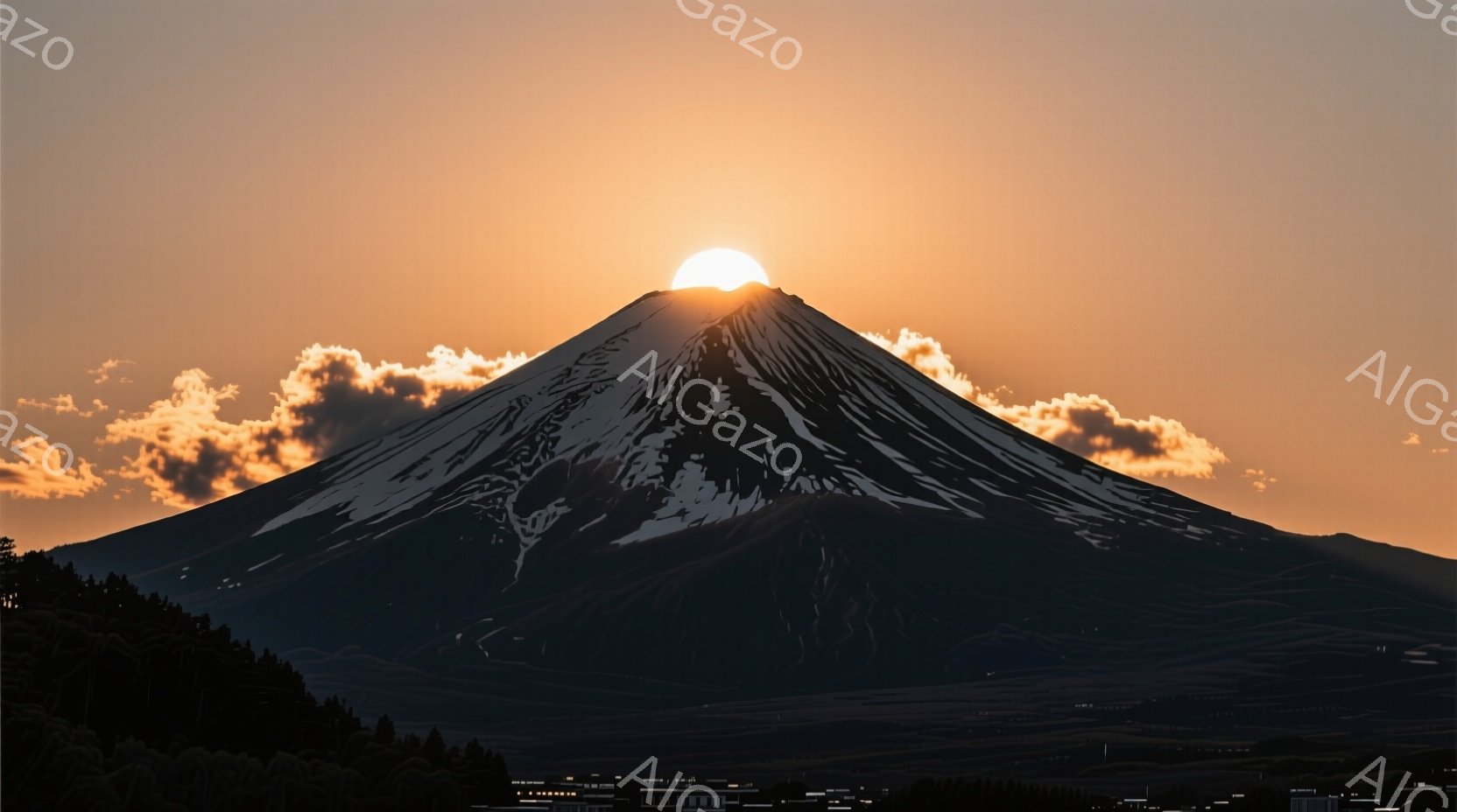 雄大な富士山が夕焼けに照らされ、山頂付近には雲が浮かんでいる。山肌は暗く影が濃い一方、山頂付近は夕焼けのオレンジ色に染まり、美しいコントラストを生み出している。裾野には緑の森林が広がり、山全体が力強く - AI生成フリー素材