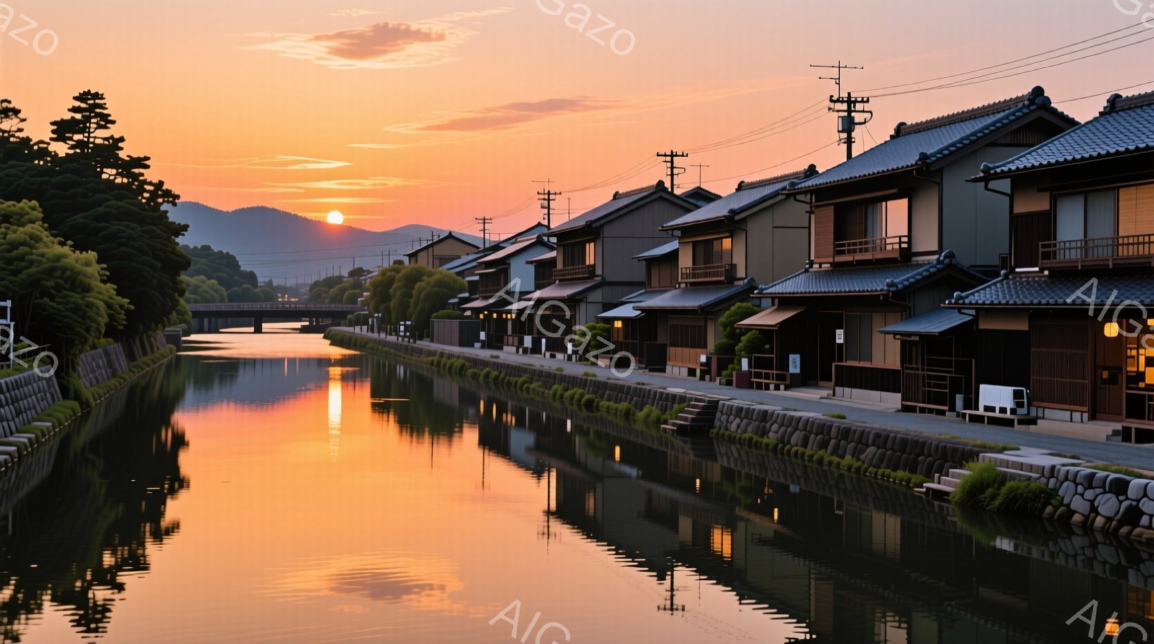 静かな運河が夕焼けに照らされ、水面にオレンジ色の光が反射している。両側には伝統的な日本の家々が並び、落ち着いた雰囲気を醸し出している。遠くには緑豊かな山々が望め、穏やかな日本の田舎の風景が広がっている。