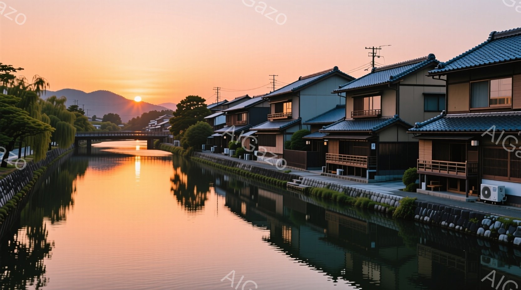 静かな運河が、夕焼けに照らされた古い町並みを映し出している。伝統的な瓦屋根の家々が並び、運河沿いには緑豊かな植生が点在している。空はオレンジとピンクの色合いで、穏やかで平和な雰囲気を醸し出している。