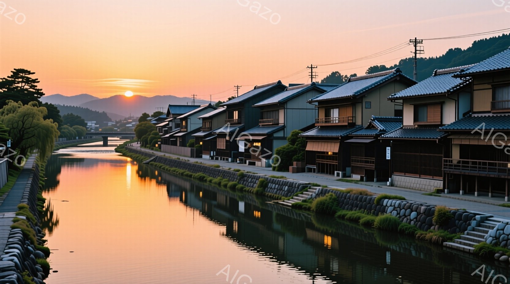 静かな運河が、伝統的な木造家屋が並ぶ街を流れており、夕焼けが水面に鮮やかなオレンジ色の反射を作り出している。家々は暗い木製の外観と、ところどころに白い壁を持ち、運河沿いの石積みと緑豊かな植栽が風景に静 - AI生成フリー素材