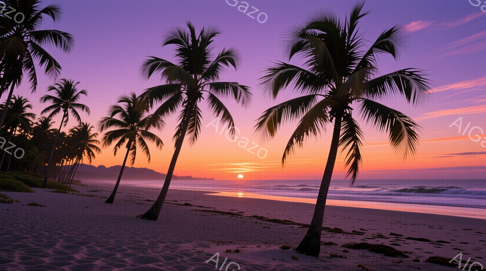 夕暮れ時のビーチにヤシの木が並び、鮮やかなオレンジと紫色の空が広がっている。波は穏やかに打ち寄せ、砂浜にはわずかな海藻が点在している。全体的に暖かく、穏やかな雰囲気が漂い、リラックスした時間を感じさせ - AI生成フリー素材