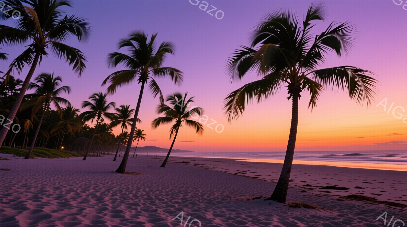 斜め切り込みの形式で、夜のビーチを描写している。中央から右側に向かって、紫とオレンジ色の海があり、左側には多くのパラソルを持つココナッツの木が並んでいます。背景は逆光を受けているため、暖かさや安らぎを表しています。人物は画面中になく、歩道の砂が見つけられます。雰囲気は平和で、リラックスした感覚が漂っています。