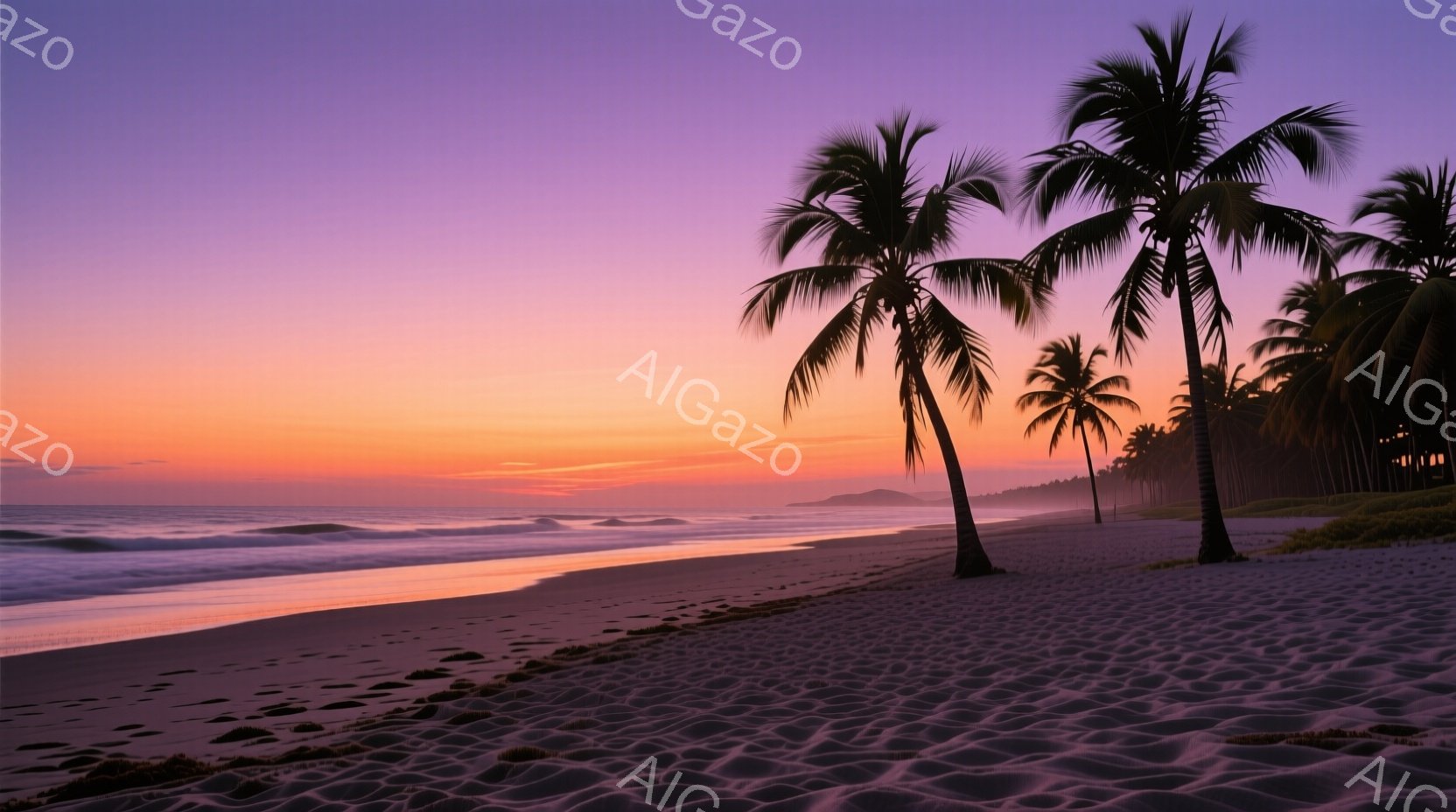 オレンジと紫色の美しい夕焼けが、メキシコのビーチを照らしています。砂浜には波が穏やかに打ち寄せ、ヤシの木がシルエットとなって独特の雰囲気を醸し出しています。遠くには山並みが薄く見え、リゾート地の静寂さ - AI生成フリー素材