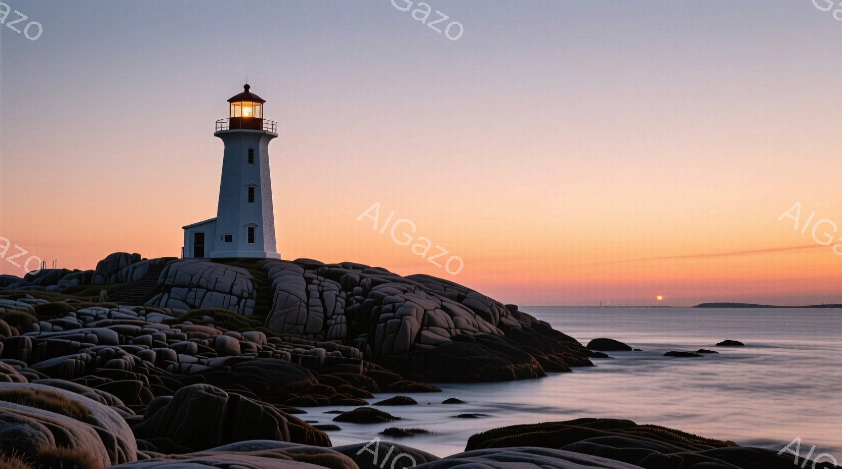 岩だらけの海岸線に立つ白亜の灯台が印象的な風景です。夕焼け空はオレンジとピンクのグラデーションで、海面には穏やかな波が広がっています。灯台の光が薄暗い空に差し込み、静寂で平和な雰囲気を醸し出しています - AI生成フリー素材