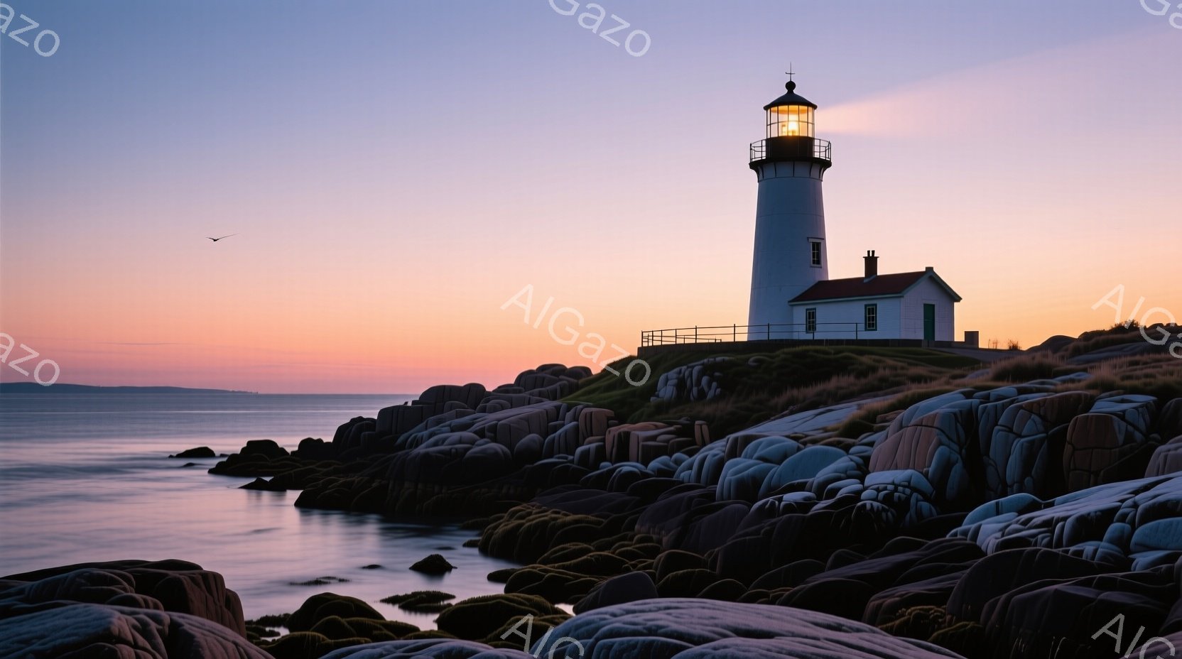 岩だらけの海岸線に立つ白亜の灯台が印象的な光景です。夕焼け空はオレンジ、ピンク、紫のグラデーションで美しく、穏やかな海面がその色を映し出しています。灯台は力強く佇み、遠くには穏やかな海が広がり、静寂で - AI生成フリー素材