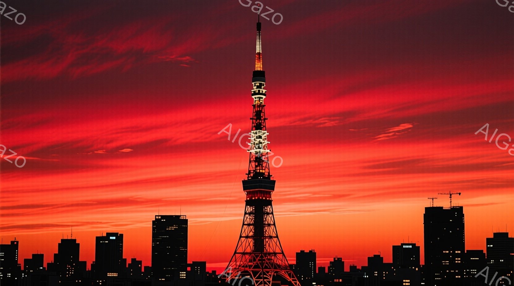東京タワーが夕焼けに染まる空を背景にそびえ立っている。タワーは黒くシルエットになっており、周囲には高層ビル群が並んでいるが、それらもまた暗闇の中に溶け込んでいる。空は鮮やかな赤色で、まるで燃えているかのようだ。