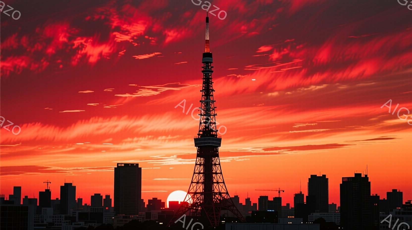 赤い夕焼け空を背景に、東京タワーがシルエットで際立っている。高層ビル群がタワーの周りに広がり、都市の風景が描かれている。空は鮮やかな赤色で、まるで燃えているかのような強い印象を与える。