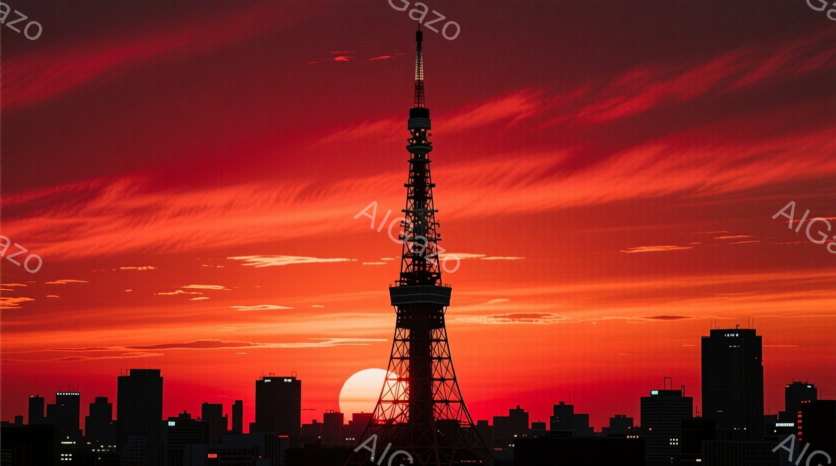 東京タワーが夕焼けに照らされた都市景観を捉えた画像です。空は燃えるような赤色で、雲がドラマチックな模様を描き、タワーと高層ビル群をシルエットで浮かび上がらせています。全体的に、夕暮れ時の壮大さと都市の静寂が感じられる、印象的な光景です。