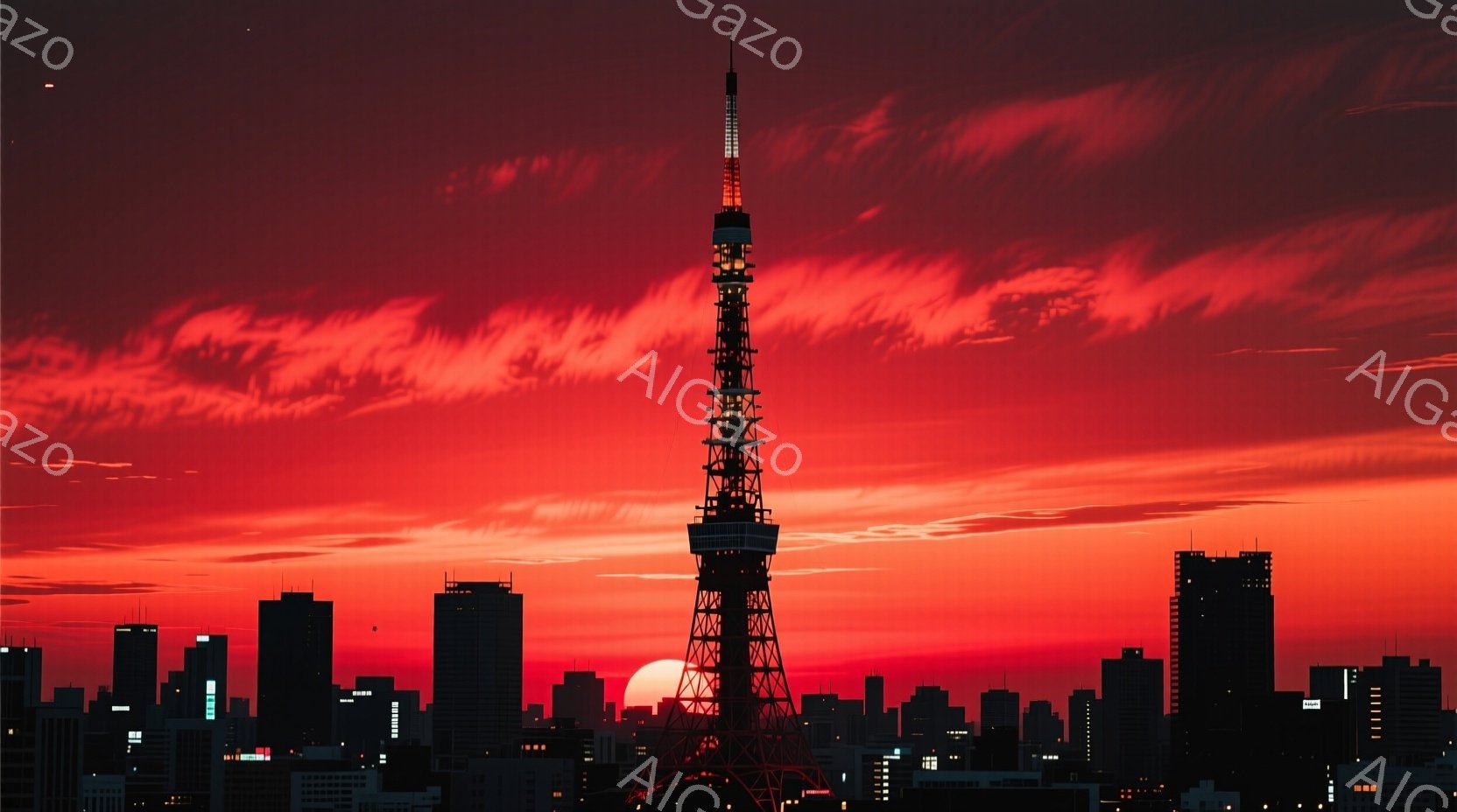 燃えるような夕焼け空の下、東京タワーがシルエットで際立っている。高層ビル群が暗く並び、都市の夜景を思わせるが、夕日の赤色が空全体を染め上げ、幻想的な雰囲気を醸し出している。太陽は地平線に沈みかけ、強い光を放ち、建物やタワーに僅かな光を当てている。