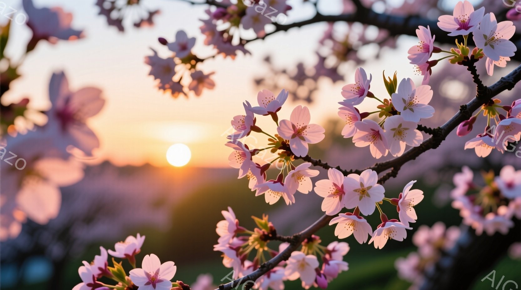 桜の花が満開の枝が、夕焼けのオレンジ色の光の中に浮かび上がっている。 花びらは淡いピンク色で、中心部に黄色い雄しべが覗き、春の暖かさと優しさを感じさせる。 背景はぼやけているが、他の桜の木々や空が夕焼 - AI生成フリー素材