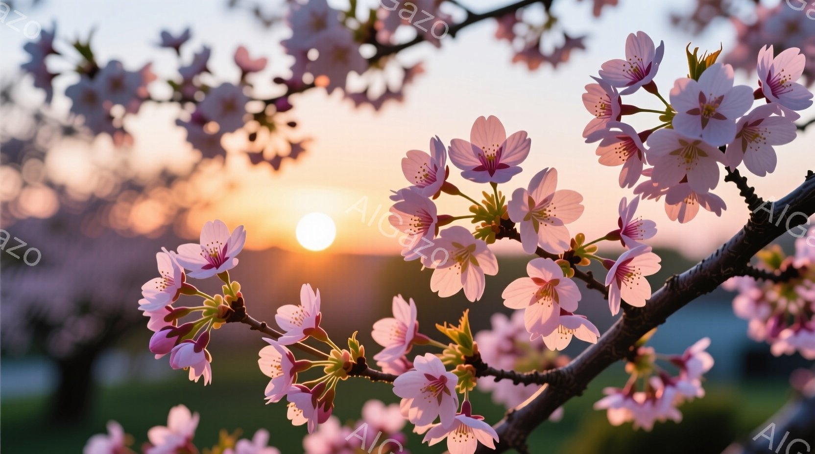鮮やかなピンク色の桜の花が枝いっぱいに咲き誇り、夕焼け空を背景に幻想的な光景を作り出している。太陽は桜の奥で輝き、空をオレンジ色とピンク色に染め上げている。春の暖かさと穏やかさを感じさせる、美しい風景である。