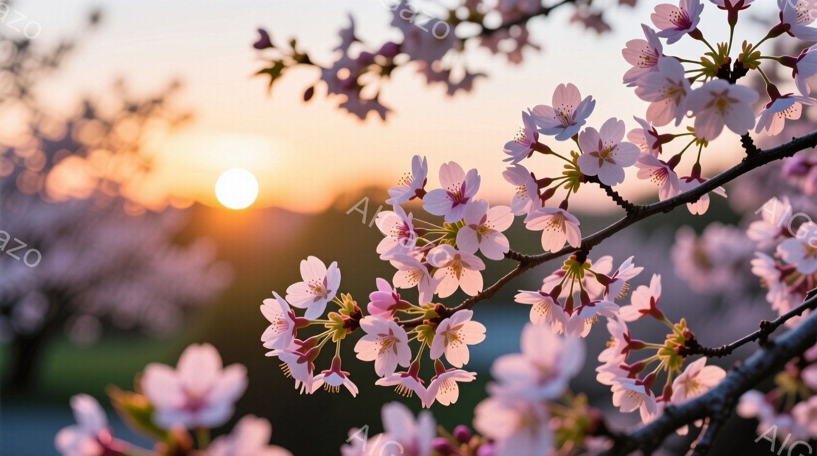 桜の花びらが満開の枝が画面いっぱいに広がっており、背景には穏やかな夕焼け空が広がっています。薄桃色の花びらは繊細で、夕焼けのオレンジ色と調和し、温かくロマンチックな雰囲気を醸し出しています。全体的に、 - AI生成フリー素材