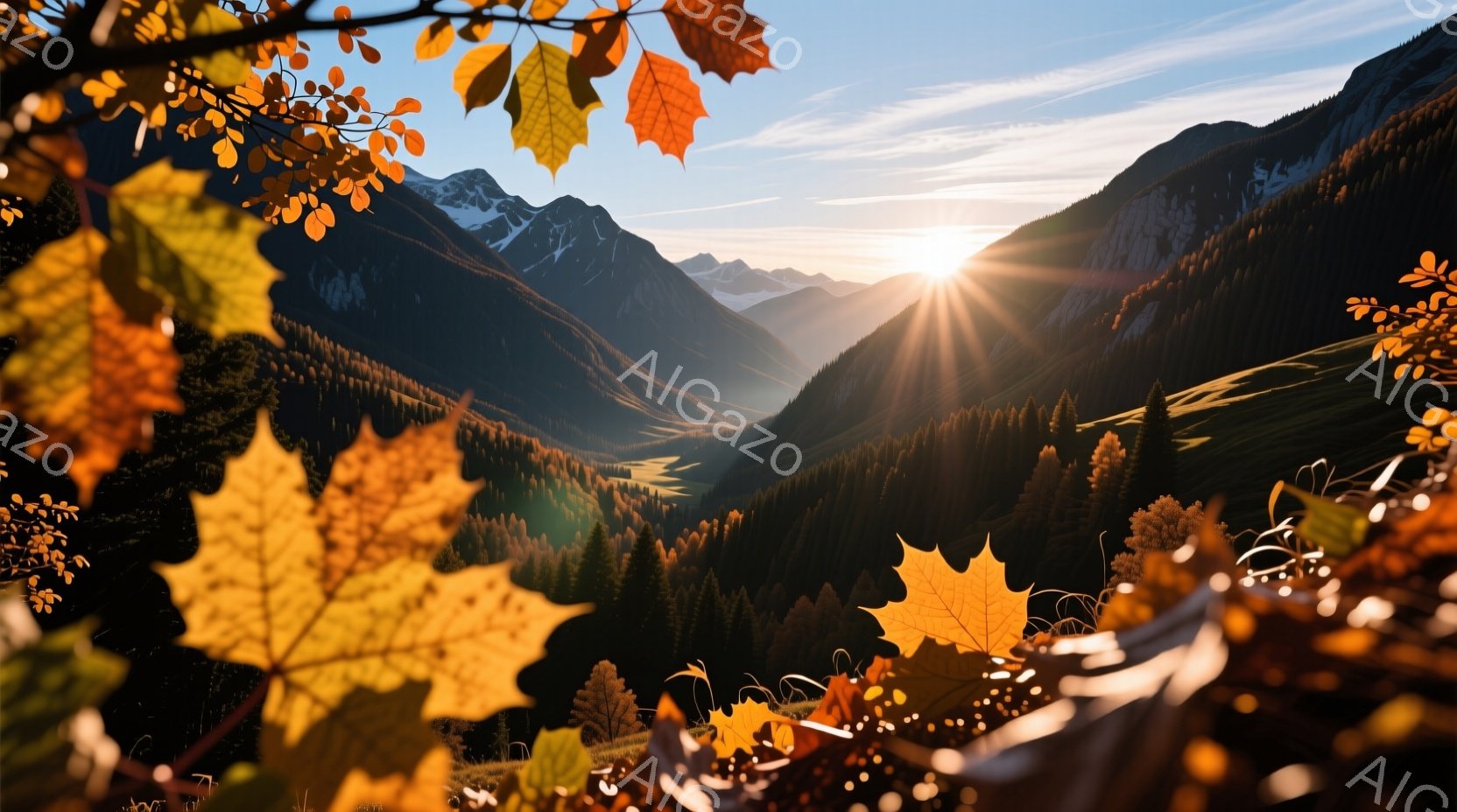 鮮やかな紅葉が手前に広がり、背景には山々と深い緑の森林が広がっている。太陽の光が山々に差し込み、暖かく幻想的な雰囲気を醸し出している。全体的に秋の自然の美しさと静寂さを感じさせる風景である。 - AI生成フリー素材