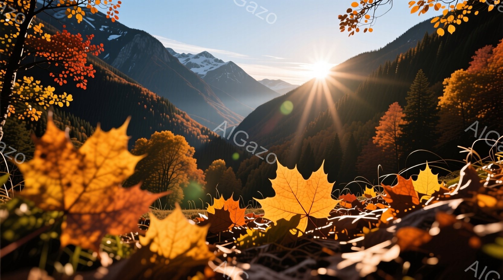 広大な山並みが背景に広がり、鮮やかな紅葉が手前に咲き乱れている風景です。太陽光が木々の間から差し込み、暖かく穏やかな雰囲気を醸し出しています。秋の自然の美しさを捉えた、静かで平和な情景です。