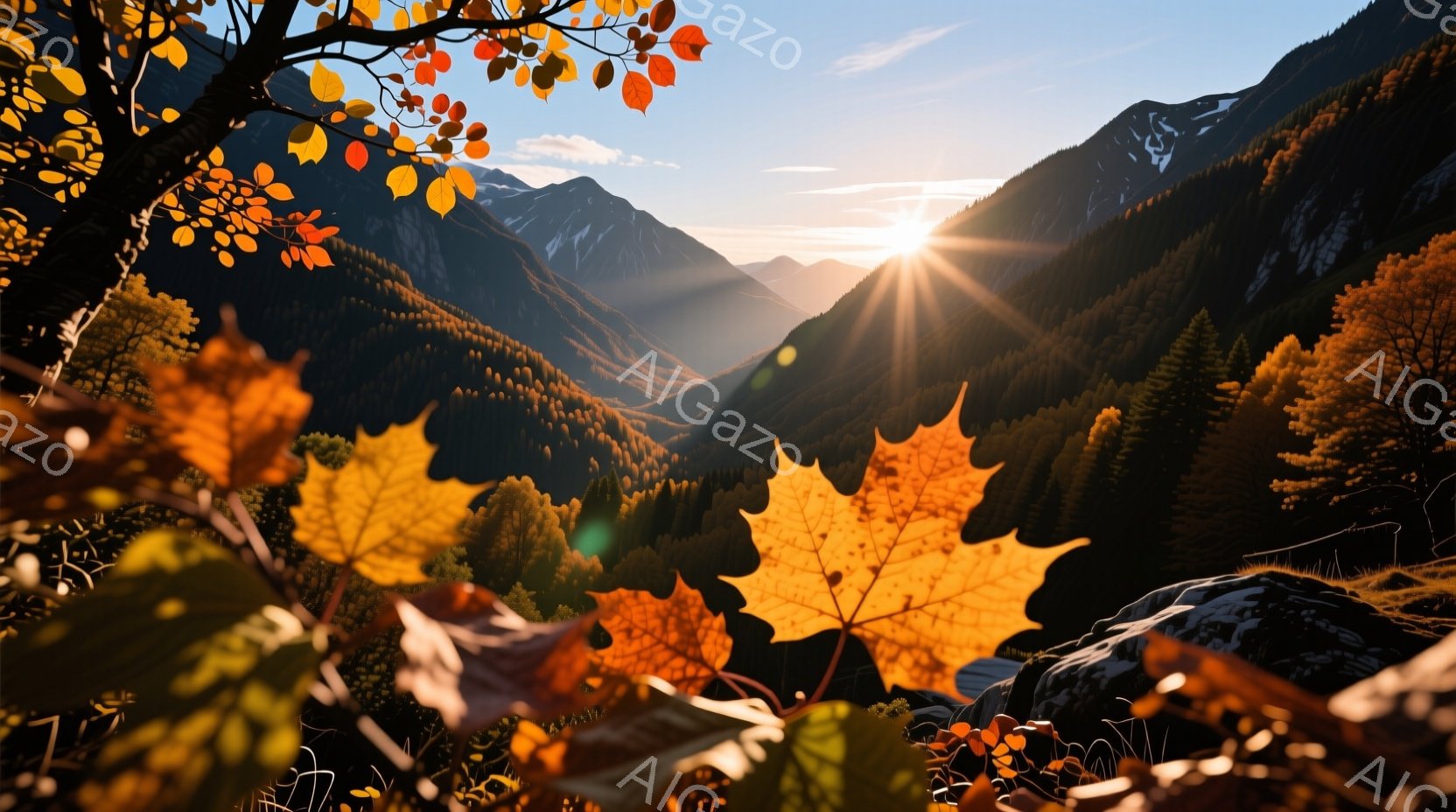 紅葉したカエデの葉が手前に大きく配置され、背景には深い森と山々が広がっています。太陽の光が木々の間から差し込み、森全体を黄金色に染め上げ、暖かく穏やかな雰囲気を醸し出しています。遠くの山々は薄い靄に包まれ、自然の美しさと静寂さを強調しています。