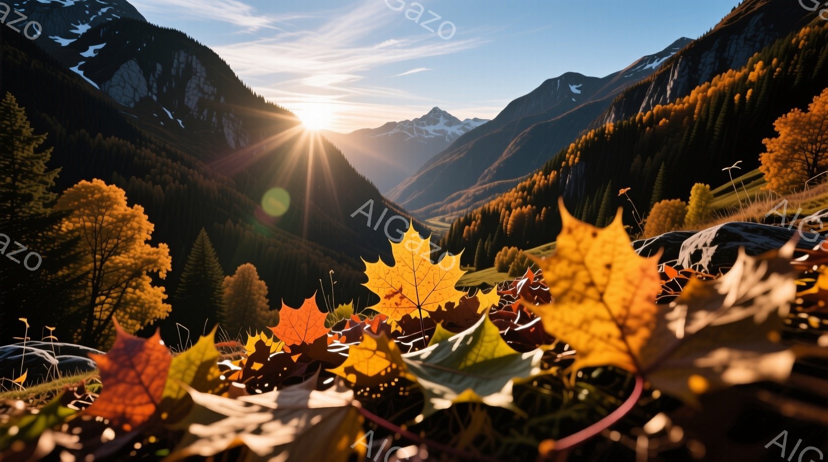 鮮やかな秋の風景が広がり、赤や黄色の紅葉が画面いっぱいに広がっています。遠くには雪を抱いた山々が連なり、木々の間から差し込む光が暖かく、幻想的な雰囲気を醸し出しています。背景の山々と紅葉のコントラストが美しく、秋の深まりを感じさせる一枚です。