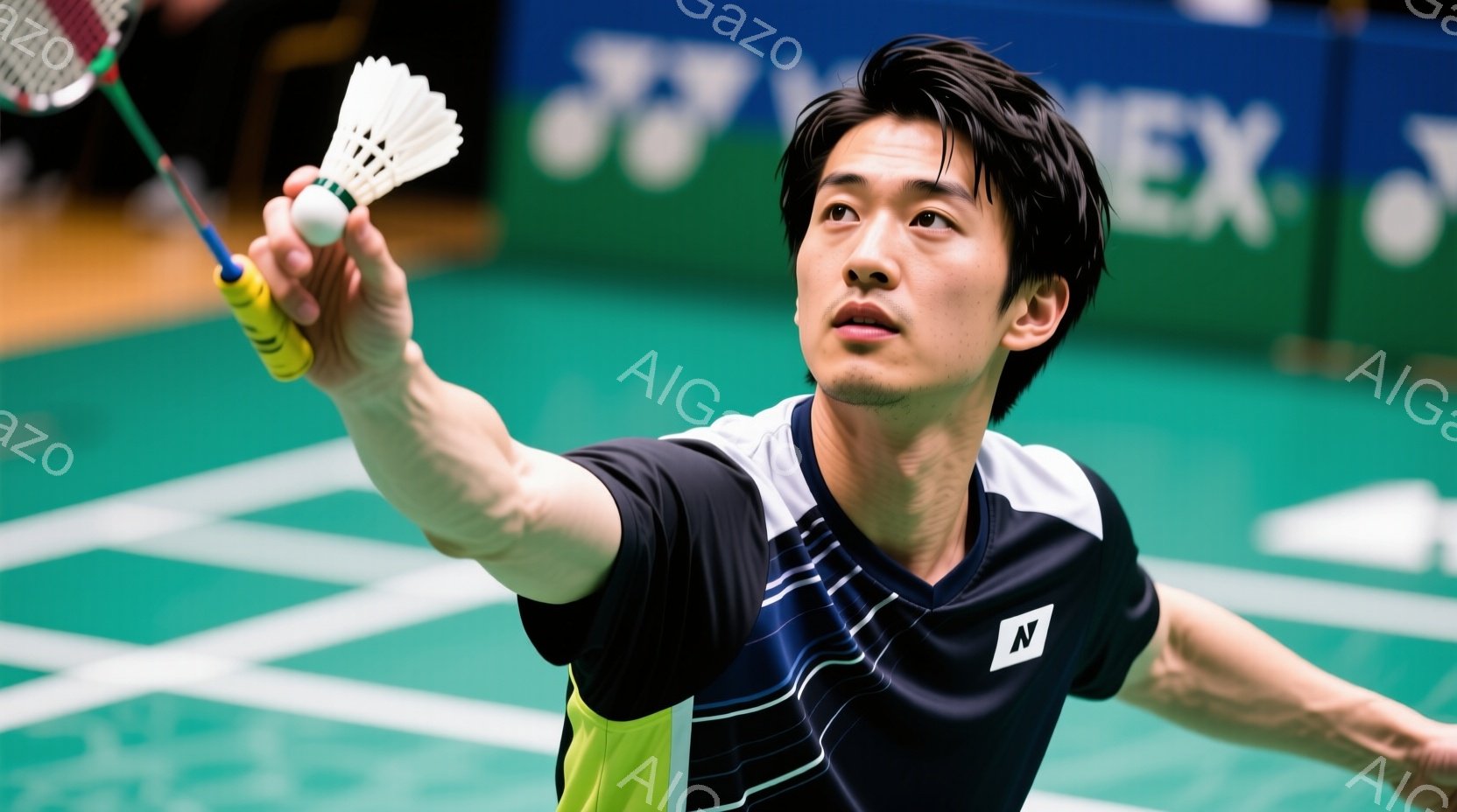 バドミントン選手が試合中にショットを打とうとしている瞬間を捉えた写真です。彼は濃い青色のバドミントンウェアに、鮮やかな黄緑色のラインが入ったユニフォームを着用し、短髪で引き締まった表情をしています。背景は緑色のバドミントンコートで、奥にはぼやけた観客席が見え、競技場の活気ある雰囲気が伝わってきます。