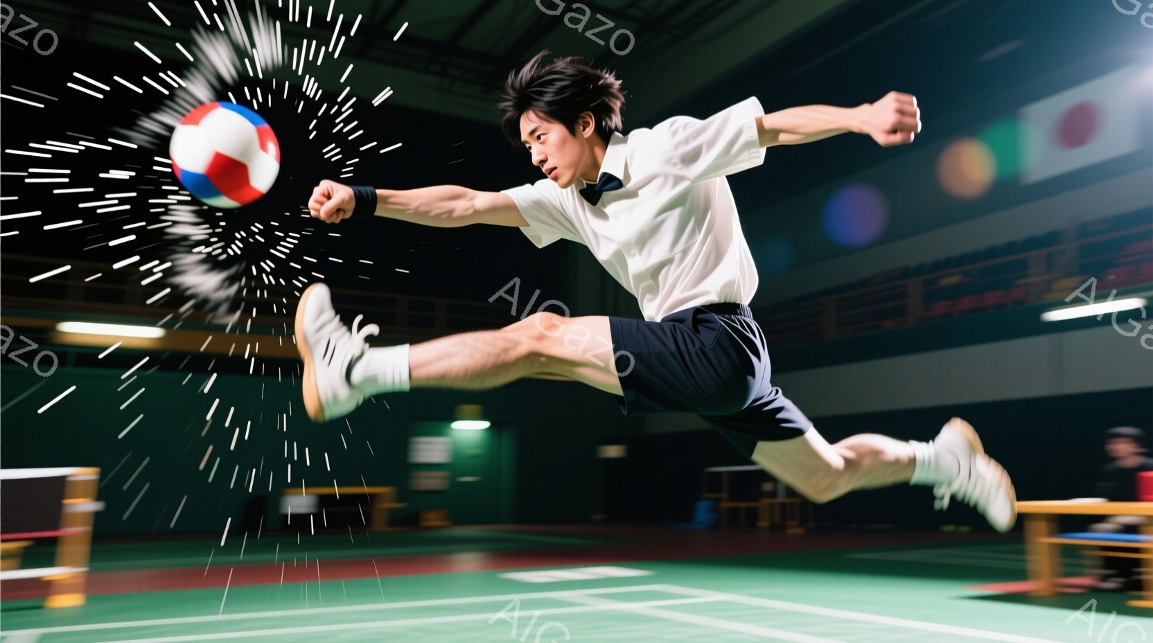 若い男性がバレーボールを激しくスパイクしている瞬間を捉えた写真です。彼は黒髪で、白いシャツと黒いショーツ姿で、躍動感のある姿勢で空中に浮遊し、ボールに全力で手を伸ばしています。背景は体育館のような室内で、観客席やスポーツ用品が見え、ボールの軌跡が白く強調され、躍動的な雰囲気を盛り上げています。