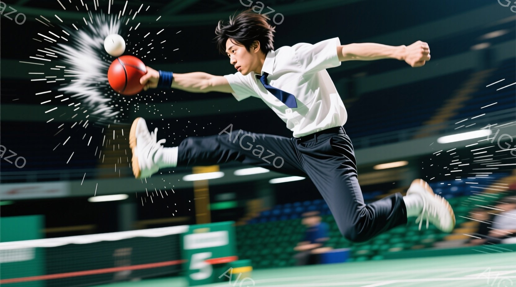 少年は、空中で片足を大きく上げ、テニスボールを力強く打ち返す瞬間の躍動的な姿が捉えられています。白いシャツにネクタイ、濃い青色のズボン、そして白いスニーカーという服装で、髪は短く、集中した表情をしています。背景は体育館のネットと観客席で、ボールの軌跡がスピード感を強調し、若々しいエネルギーに満ちた雰囲気が漂っています。