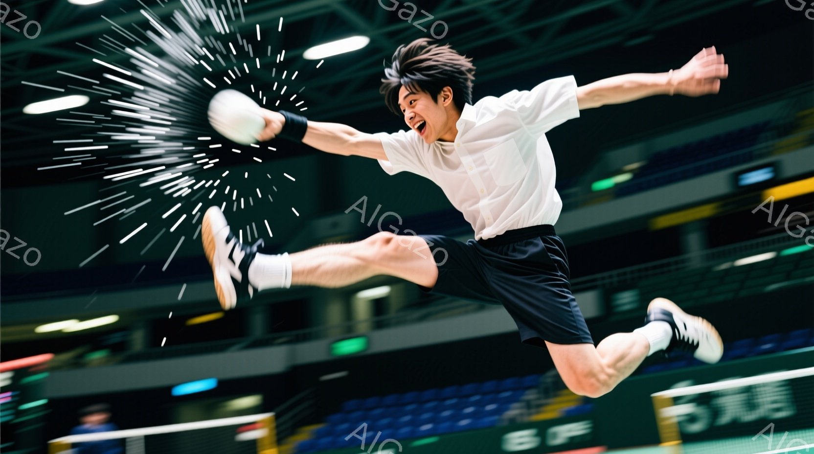 バドミントンの試合中に、若い男性がジャンプしてスマッシュを打とうとしている瞬間を捉えた写真です。彼は白い半袖シャツと黒いショーツを着用し、髪は短く、表情は集中しています。背景には観客席とバドミントンのネットが見え、躍動感と競技の激しさを表現しています。