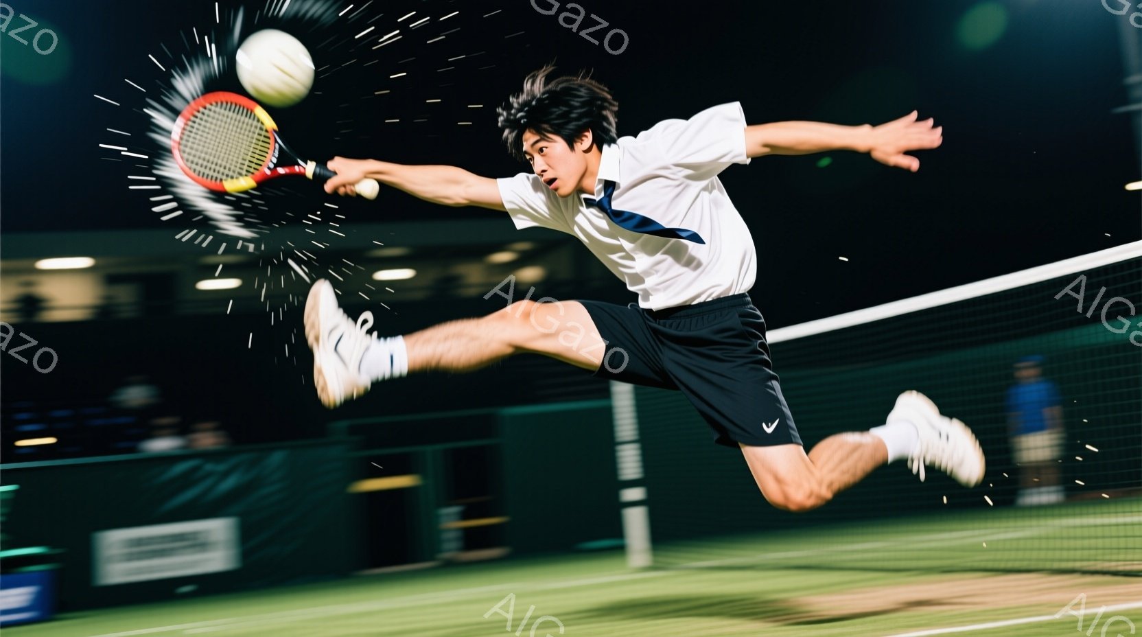 少年はテニスコートでジャンプし、力強くボールを打とうとしている。彼は白いシャツに黒い短パン、白いテニスシューズを履き、髪は短く整えられている。背景にはぼやけたコートと観客席が見え、躍動感あふれる雰囲気で、競技の緊張感が伝わってくる。